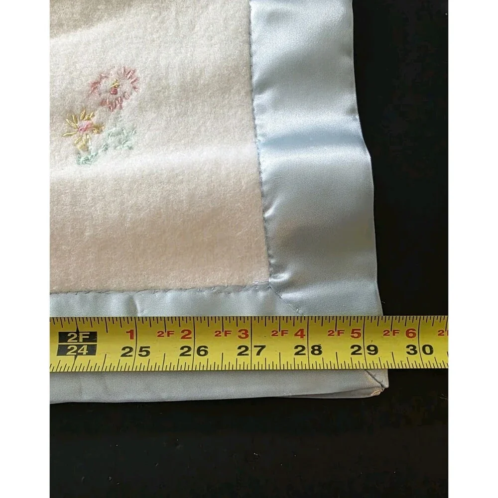 Vtg Hand Made Baby Blanket Bunny Rabbit Flower Satin Trim Applique Pink Blue
